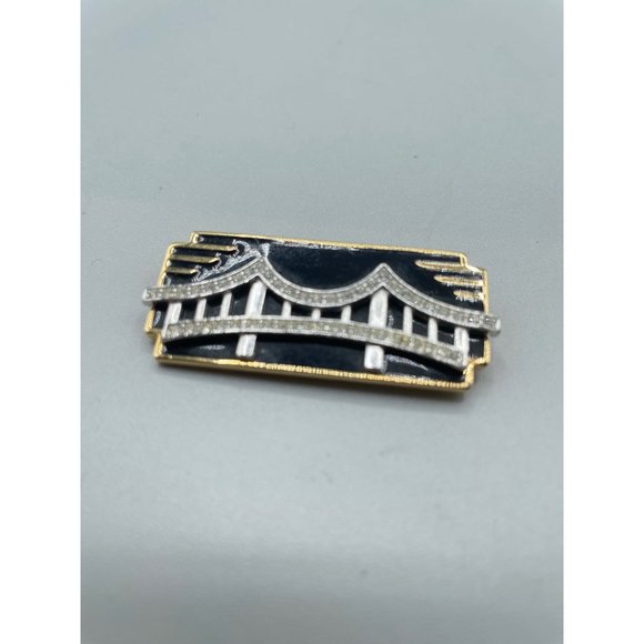 Vintage Signed MONET Pin Brooch Art Deco Inspired Black Enamel Over Gold Tone - Picture 3 of 14